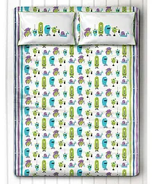 Silverlinen Silly Monsters Double Bed Sheet with Two Pillow Covers - Green & Purple