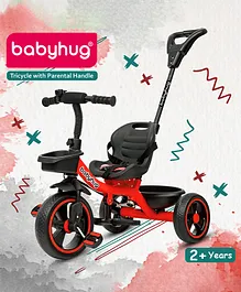 Babyhug Tricycle with Parental Push
                        Handle-Red| Safety Harness| Foldable Footrest|
                        Storage Baskets| Anti-Slip Pedals| Adjustable
                        Push Bar| Puncture Proof Wheels| Comfortable
                        Seat| High Backrest