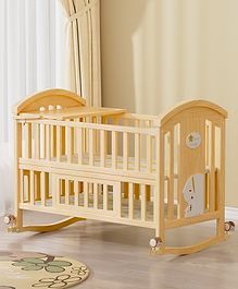 Babyhug SE 15 in 1 Wooden Baby Cot with Rocking Function| Parent Bed Attachment| Study Table| Adjustable Height| Diaper Changing Table| Junior Bed| Wheels with Lock| Mosquito Net - Beige