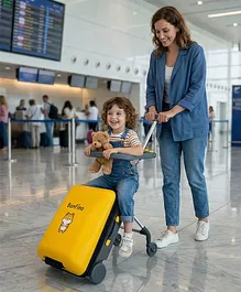 Bonfino Kids 2-in-1 Ride-On Travel Suitcase
                        16 Inch with Foldable Seat - Yellow|
                        Shock-Resistant Hard Shell| PU Wheels| Ergonomic
                        Tilt Design with Support Leg| Spacious Interior|
                        Secure Number Lock