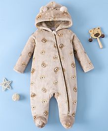 Mark & Mia Full Sleeves Winter Wear Hooded Footed Fur Romper with Bear Print - Light Brown