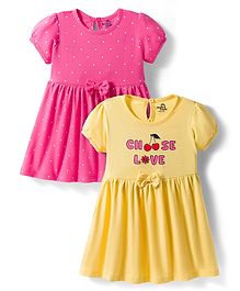 Doodle Poodle Cotton Knit Half Sleeves Frocks with Bow Applique Polka Dots & Text Print Pack of 2 - Dark Pink Yellow