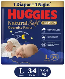 Huggies Natural Soft Overnite Diaper Pants|
                        Premium Pant Style Baby Diapers Large Size (L
                        Size | 9-14 Kgs) , 34 count| Keeps baby dry all
                        night with cloud softness all over
