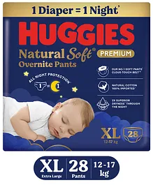 Huggies Natural Soft Overnite Diaper Pants|
                        Premium Pant Style Baby Diapers Extra Large Size
                        (XL Size | 12-17 Kgs) , 28 count| Keeps baby dry
                        all night with cloud softness all over