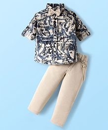 Rikidoos Full Sleeves Typography Printed Shirt & Pant With Bow & Suspender Set - Teal Blue & Off White