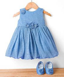 Blue Bell Net Woven Sleeveless Frock & Booties with Floral Corsage - Blue
