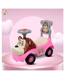 Bishmeva Monkey Ride On Toy Car for Kids with Steering Wheel, Backrest & Storage. Indoor/Outdoor Ride Toy for Toddlers (Pink)