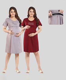 Fabme Pure Cotton Knit Pack Of 2 Half Sleeves Back Stage & Be Mine Text Printed Maternity Nighties With Horizontal Zipper Nursing Access - Lavender & Maroon