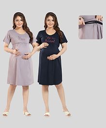 Fabme Pure Cotton Knit Pack Of 2 Half Sleeves Life Is Beautiful & Be Mine Text Printed Maternity Nighties With Horizontal Zipper Nursing Access - Blue & Lavender