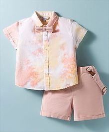 ToffyHouse Cotton Woven Half Sleeves Tie & Dye Shirt & Shorts Set with Bow & Suspender - Light Peach & Baby Pink