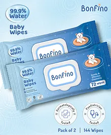 Bonfino 99.9% Water Extra Mild, Unscented Baby Wipes with Lid - 72 Pieces - Pack of 2, Gentle & Pure, Dermatologically Tested, pH Balanced, Gentle & Effective Cleansing, Free from Parabens, Sulphates