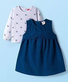 Babyhug Cotton Knit Frock with Full Sleeves Inner Tee & Bow Print - Navy Blue & White