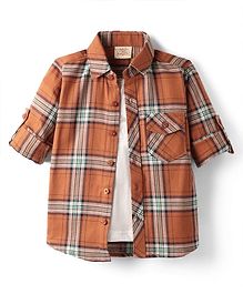 Rikidoos Full Sleeves Checked Shirt With Attached Tee - Rust & White