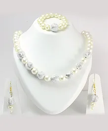 Milyra Pearls & Carved Beads Necklace With Pair of Earrings & Bracelet Set- Off White & Silver