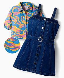 OLLINGTON ST. Cotton Half Sleeves Printed Top & Denim Pinafore - Multicolor & Blue