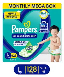Pampers All round Protection Pants Large size baby diapers (LG) 128 Count Lotion with Aloe Vera