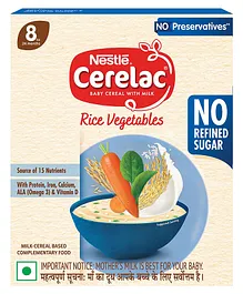 Nestle No Refined Sugar Instant Cerelac Baby Food Cereal with Rice Vegetables & Omega 3 Iron Protein Calcium Vitamin D for Babies - 300 g