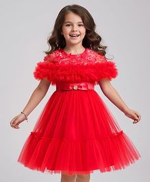 Mark & Mia Woven Half Sleeves Party Dress With Floral Applique & Sequin Detailing - Red