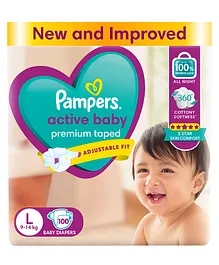Pampers&nbsp;Active&nbsp;baby&nbsp;Tape
                        Style&nbsp;Baby&nbsp;Diapers, Large (L), 100
                        Count, 9-14 kg, Adjustable Fit with 5 Star Skin
                        Protection Diapers