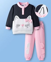 Mark & Mia Cotton Full Sleeves Top & Joggers Set With Cat & Bow Applique - Pink & Black