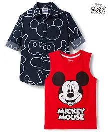 Pine Kids Disney Single Jersey Knit Full Sleeves Shirts and Sleeveless T-Shirt with Mickey Mouse Graphics - Navy Blue & Red
