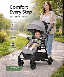 Standard Baby Stroller with Extendable Canopy & Storage Basket - Grey| Lightweight & Foldable| Reclining Seat| Padded Cushion Seat| Linked Brake| Front Swivel Wheels