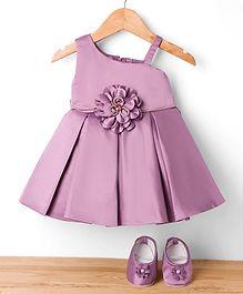 Bluebell Satin Woven Sleeveless Frock & Booties With Floral Applique - Purple