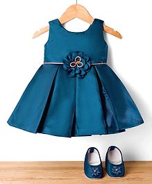 Bluebell Satin Woven Sleeveless Frock & Booties With Floral Applique - Navy Blue