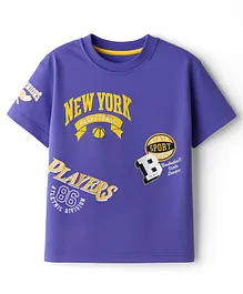 Kookie Kids Knit Drop Shoulder Half Sleeves Round Neck Printed T-Shirt with New York Text Print - Purple