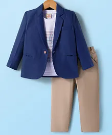 Rikidoos Full Sleeves Textured Blazer With Typography Printed Tee & Pant Set - Blue & Beige