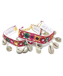SKD Navratri Theme Mirror Work Detailed Anklets - White. & Red