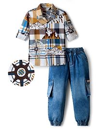 OLLINGTON ST. Cotton Full Sleeves Mountain Printed Shirt & Denim Joggers Set - Multicolor & Blue