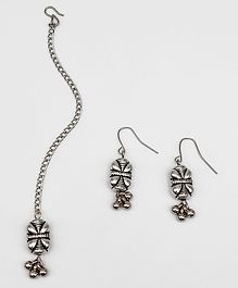 Lime By Manika Navratri Theme Beads & Floral Detailed  Maang Teeka & Earrings Set- Oxidised Silver