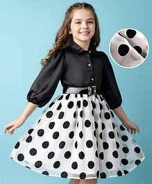 Hola Bonita Woven Half Sleeves Polka Printed Party Dress With Belt - Black