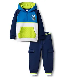 Babyhug Terry Knit Full Sleeves Cut & Sew Hooded T-Shirt & Lounge Pant Set with Kangaroo Pocket & Patch Detailing - Multicolor