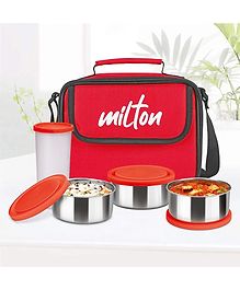 Milton New Steel Combo Lunch Box With Insulated Fabric Jacket, 3 Stainless Steel Containers 280 ml Each & 1 Plastic Tumbler With Lid 400 Ml, Leak-proof Tiffin for Office, College, Picnic, Red