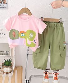 POP STREET KIDS Cotton Knit Half Sleeves Elephant Printed Tee & Joggers Set - Green