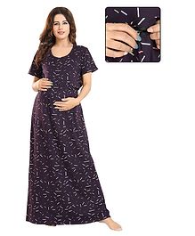 Fabme Sinker Knit Half Sleeves Confetti Printed Maternity Nighty With Horizontal Zipper Nursing Access - Purple
