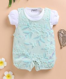 Wonderchild Floral Applique Detailed & Sequins Embellished Romper With Half Puffed Sleeves Top Set - White & Pista Green