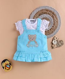 Wonderchild Teddy Bear Patch Detailed Pinafore Dress With Half Sleeves Top - White & Light Firozi