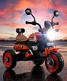 Baby Wilfy Three Wheel Battery Operated Ride on Bike with Music & Lights - Orange| Pre-loaded Music with USB & AUX| Easy to Assemble| Comfortable Seat| Easy to Operate| Toy for 2+ yrs Boys & Girls