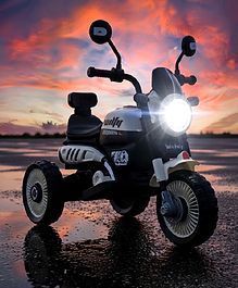 Baby Wilfy Three Wheel Battery Operated Ride on Bike with Music & Lights - White| Pre-loaded Music with USB & AUX| Easy to Assemble| Comfortable Seat| Easy to Operate| Toy for 2+ yrs Boys & Girls