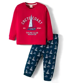 CUCUMBER Sinker Woven Full Sleeves Night Suit With Boat Print - Red