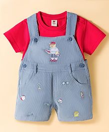 ToffyHouse Cotton Knit Half Sleeves T-Shirt & Dungaree with Teddy Embroidery - Red & Light Blue