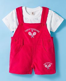 ToffyHouse Cotton Knit Half Sleeves Tennis Racket Print T-Shirt with Embroidered Corduroy Dungaree - Red & White