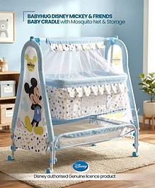 Babyhug Disney Mickey & Friends Baby
                        Cradle with Mosquito Net & Storage Blue|
                        Tool Free Easy Assemble| Swing Lock| Wheels with
                        Lock| Side Mesh Window| Smootgh Noise Free
                        Swing