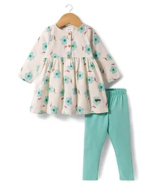 Simply Premium Cotton Woven Full Sleeves Frock With Floral Print & Leggings - Aqua