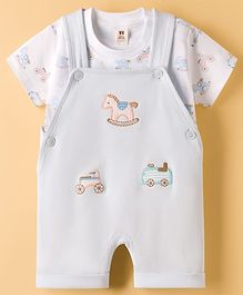 ToffyHouse Cotton Knit Dungaree & Half Sleeves Inner Tee With Toy Print & Embroidery - Light Blue & White