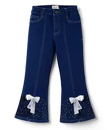 Arias Cotton Woven Full Length Flared Washed Jeans With Bow & Rhinestones Detailing - Blue