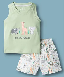 Child World Interlock Knit Sleeveless Animal Embroidered Tank T-Shirt & Shorts Set - Olive Green